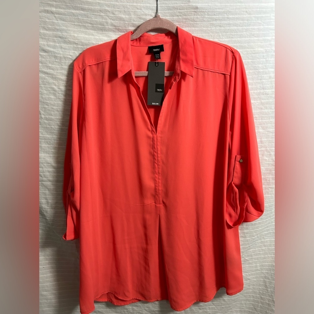 Mossimo Coral Color Long Line Roll Tab Sleeves Blouse Size XXL